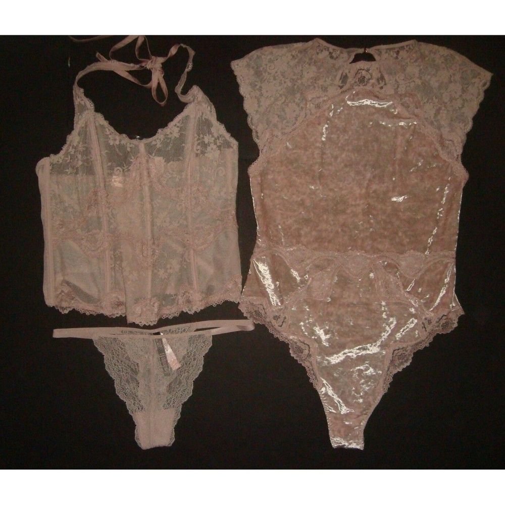 Victoria's Secret unlined 36DD BRA SET+L CORSET+TEDDY lace pink VELOUR velvet - Picture 7 of 10